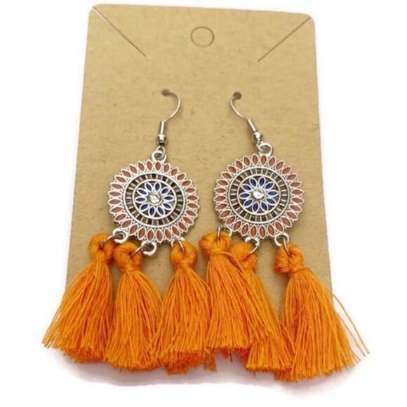 Orange Round Tassel Drop Earrings - Picture 3 of 3
